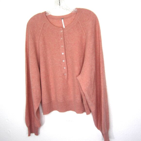 Free People NEW Porta Size L Cashmere Sweater Coral Pink Peach Women's Henley - Picture 4 of 10
